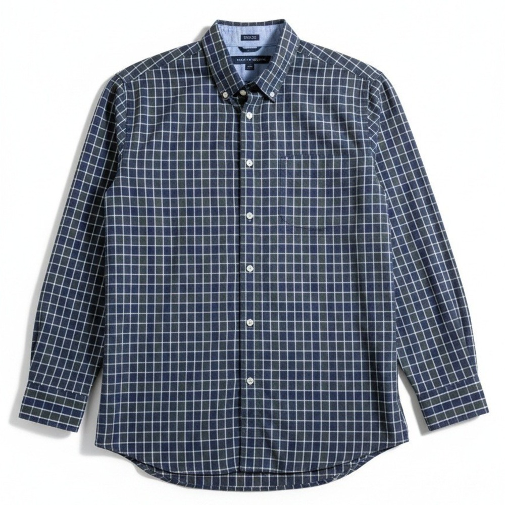 Tommy Hilfiger Classic‎ Fit Navy Blue Green Plaid Button Down, Men's Large Shirt